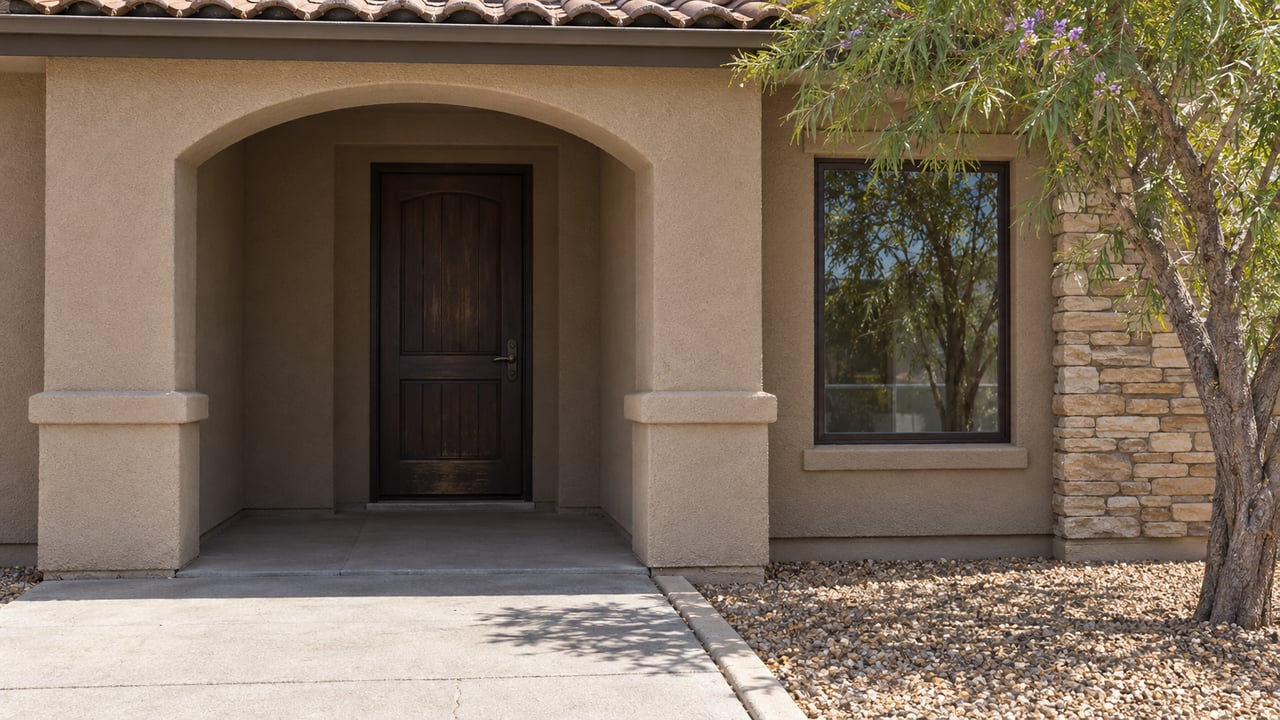 Sunlit taupe stucco home with a shaded arched entry, brown tile roof, stone accent and desert willow beside a concrete walkway.