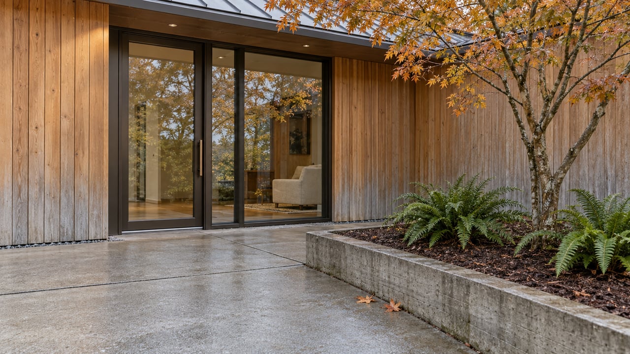 Cedar-clad home entrance with bronze-framed glazing, a damp concrete approach, and an amber-leaved vine maple above sword ferns.