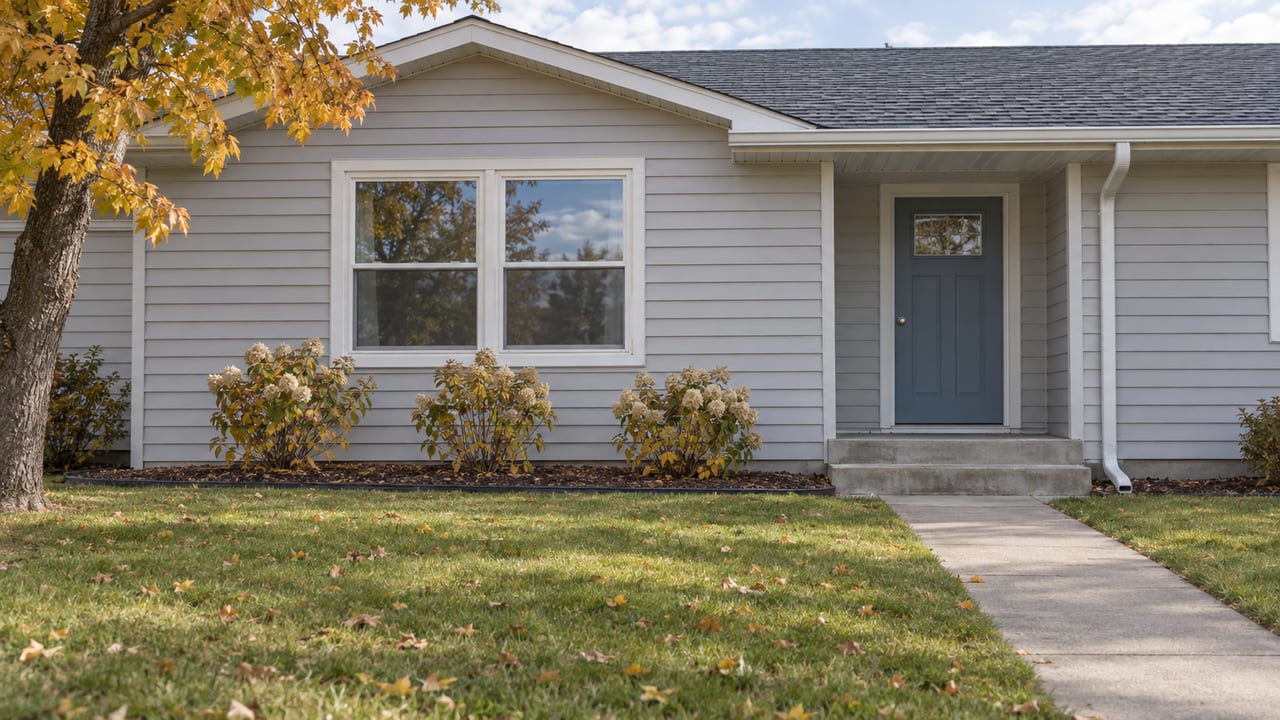 Gray-sided single-story home with a blue entry door, concrete front walk, autumn lawn and dried hydrangea flowers.
