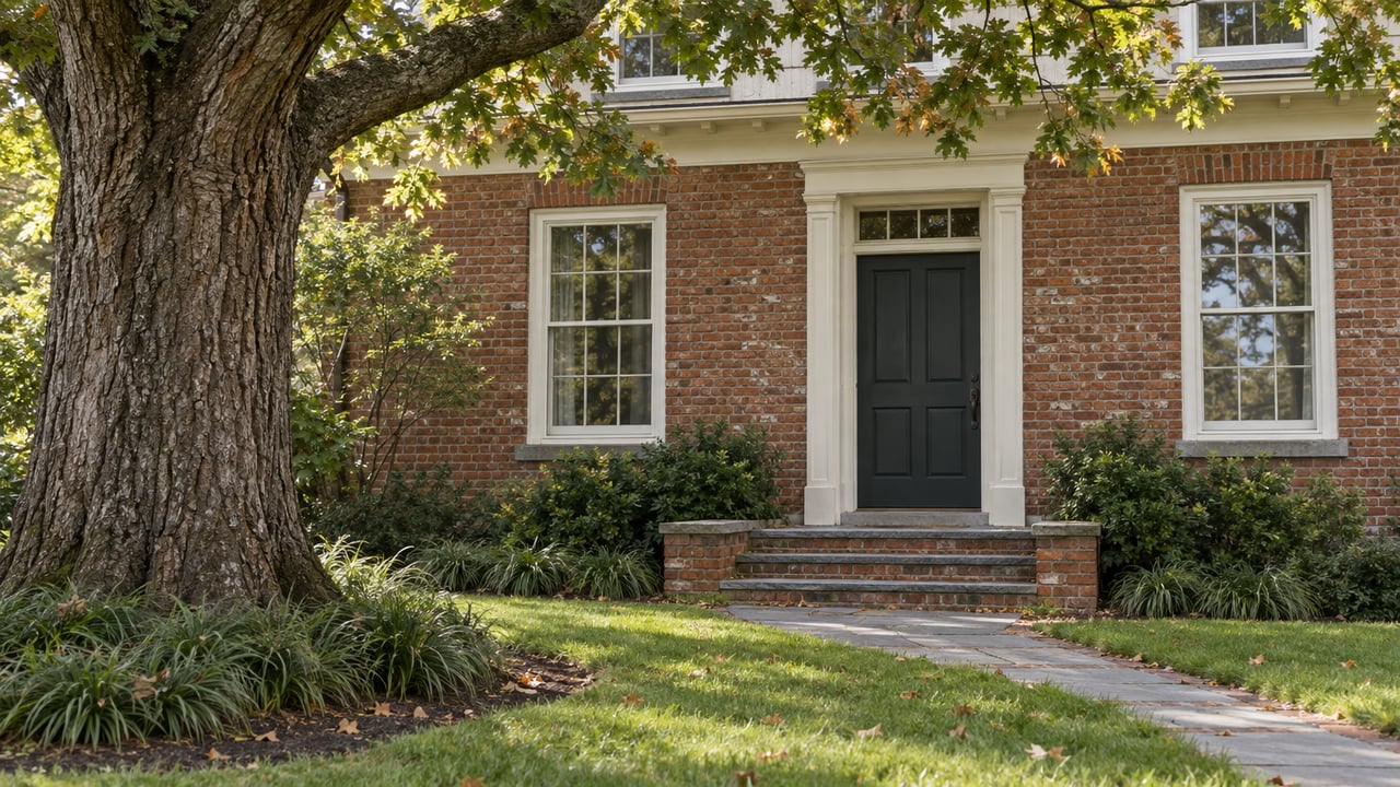 Mature white oak beside a two-story red-brick home, with sash windows, a paneled door, and stone entry steps.