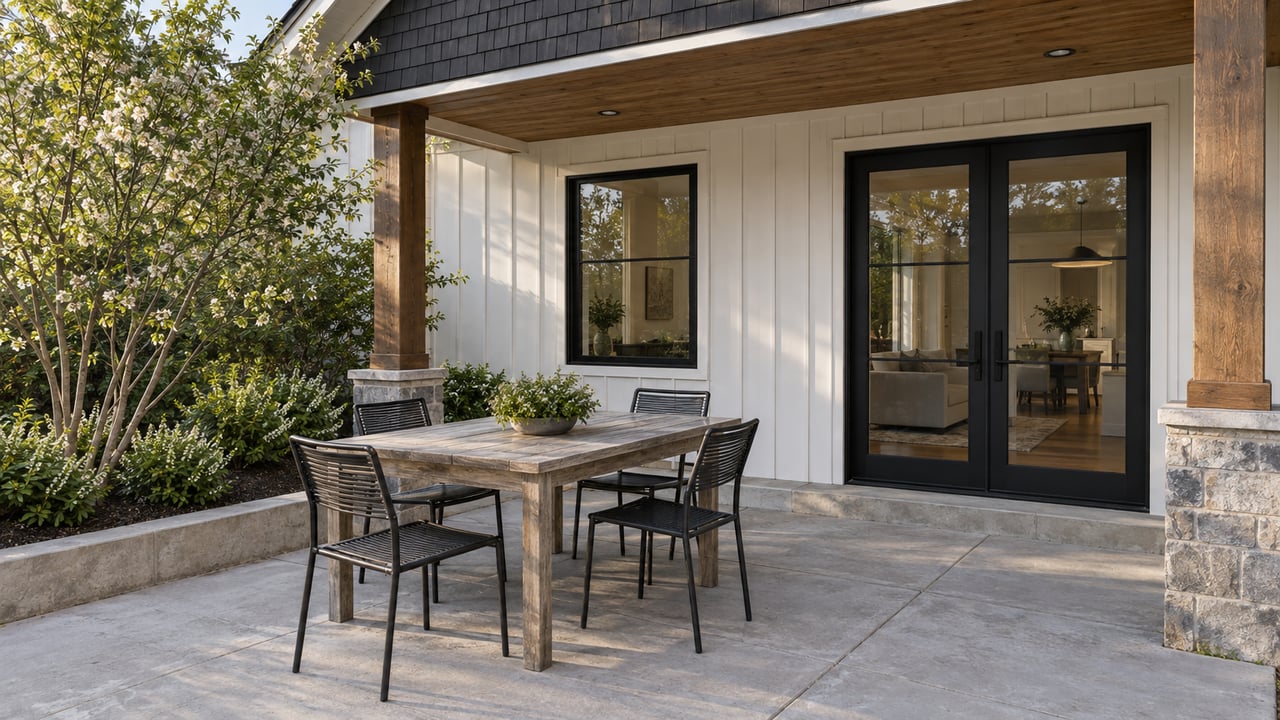 White board-and-batten house with black-framed glass doors opening onto a concrete terrace with a table and chairs.