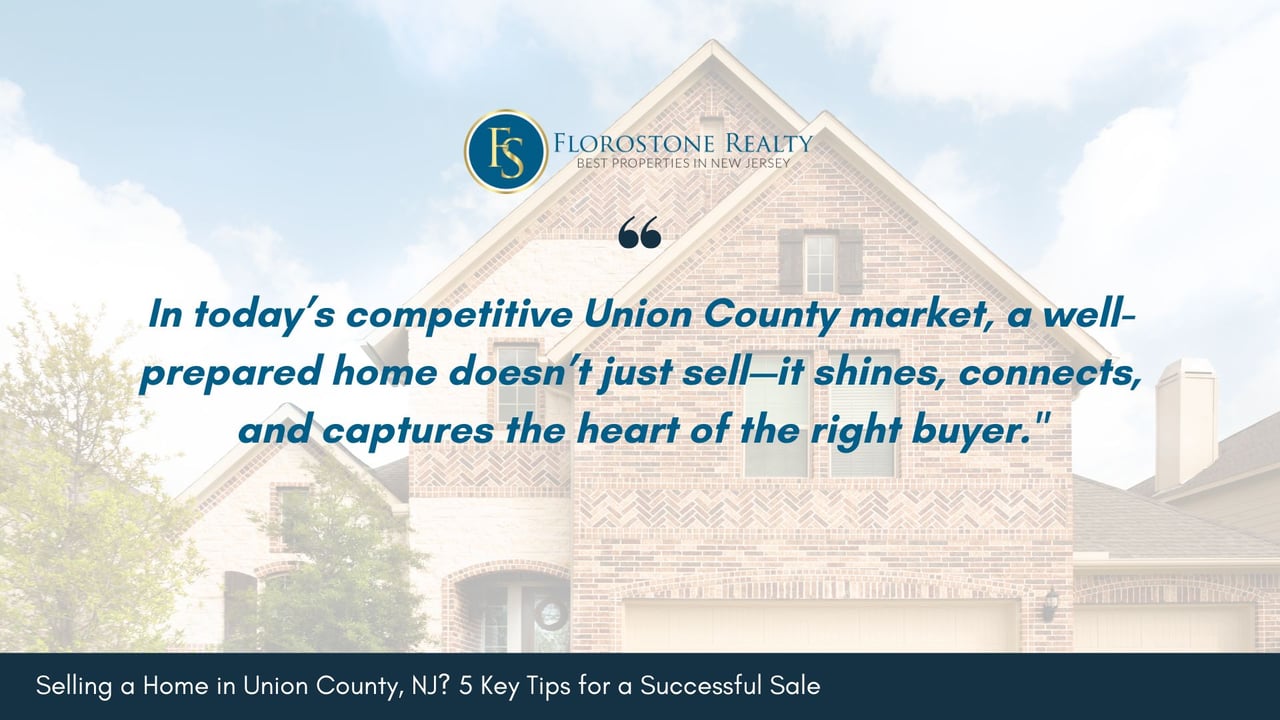 Florostone Realty quote graphic highlighting that a well-prepared home in Union County, NJ doesn’t just sell—it connects emotionally with the right buyer, set against a background of a brick house.