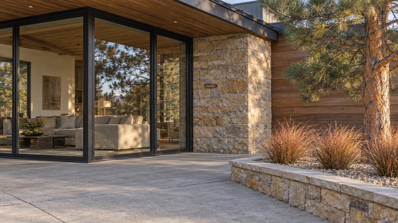 Warm cedar and sandstone home with closed corner glazing beside a concrete terrace and autumn grasses.