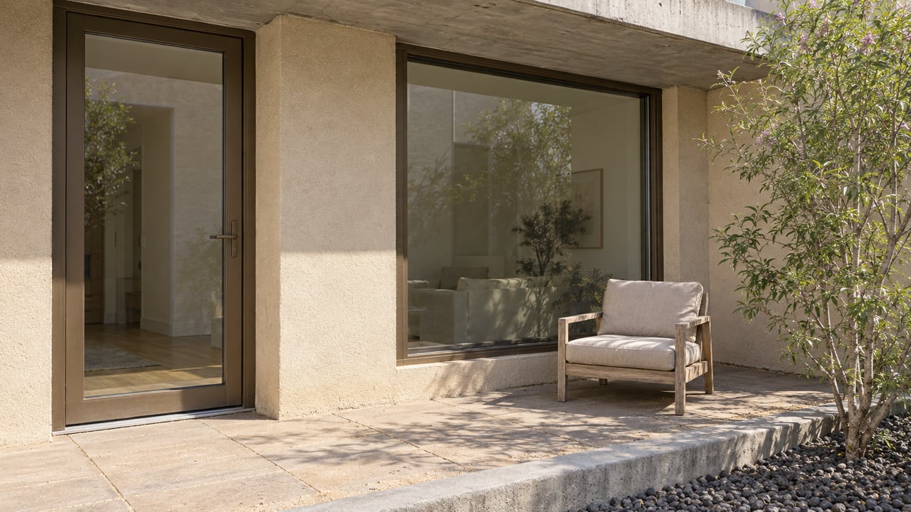 Sunlit stucco condominium terrace with bronze-framed glazing, a weathered teak chair, and a desert willow in a basalt gravel bed.