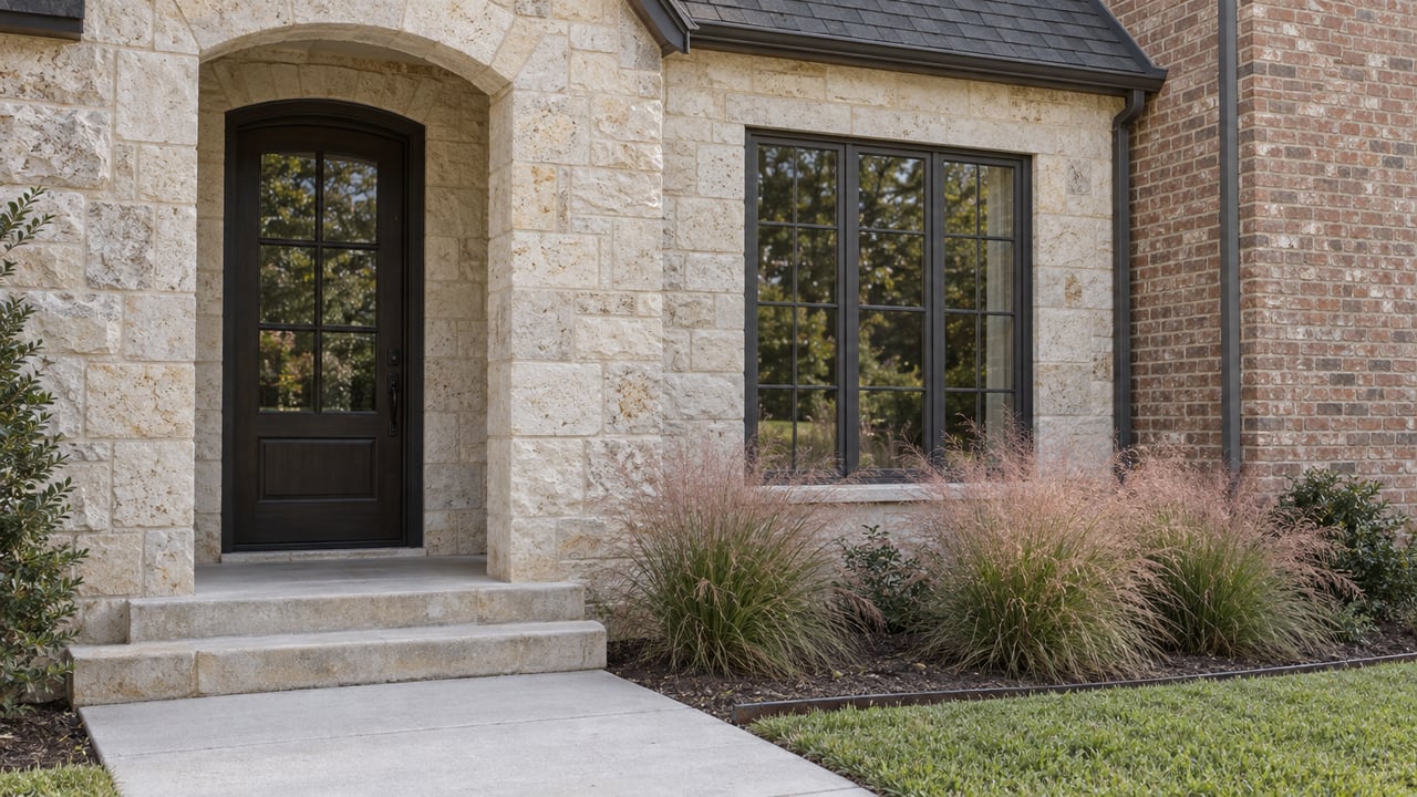 Arched limestone entry with a dark wood door, multi-pane window, and ornamental grasses beside the walkway.