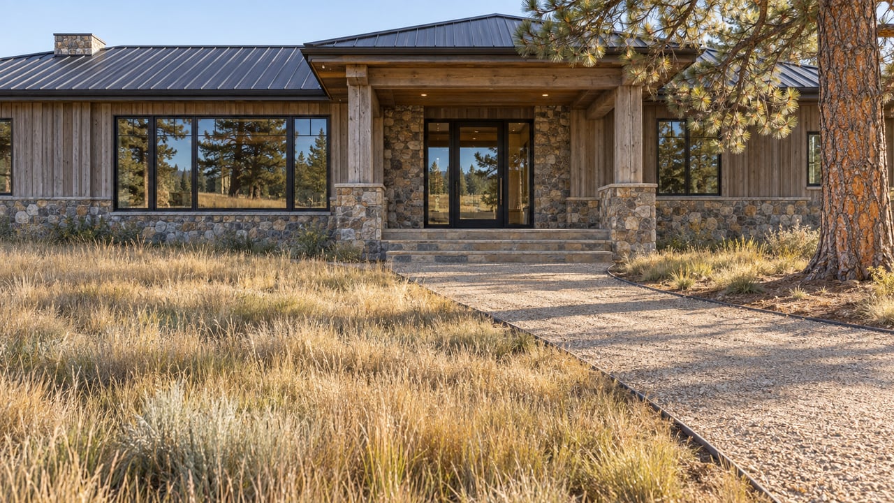 Low morning view across a tawny meadow and gravel approach toward a timber-and-stone ranch home with a deep covered porch.