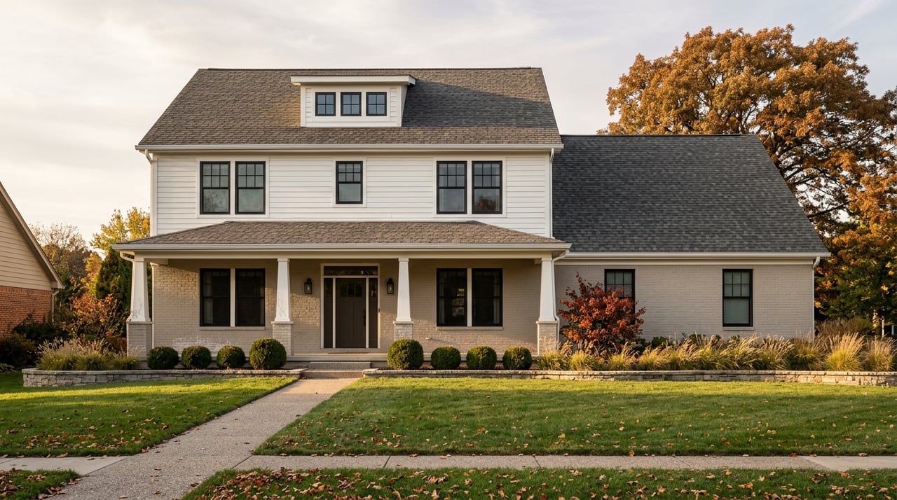 Two-story white-and-greige home with covered porch, deep lawn, stone garden wall, and orange autumn trees.
