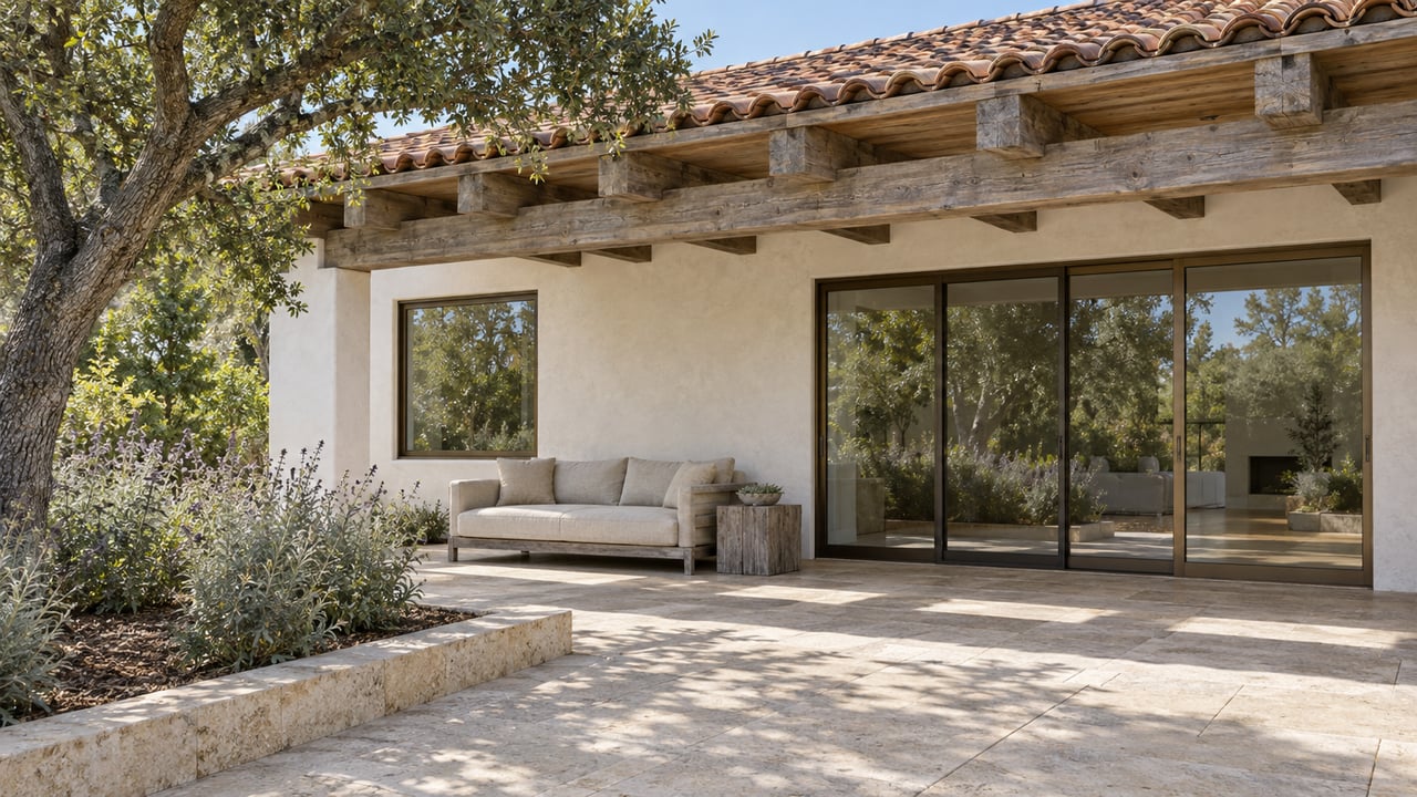 Ivory stucco home with a clay tile roof, timber-covered limestone terrace, and a mature oak beside a raised garden bed.