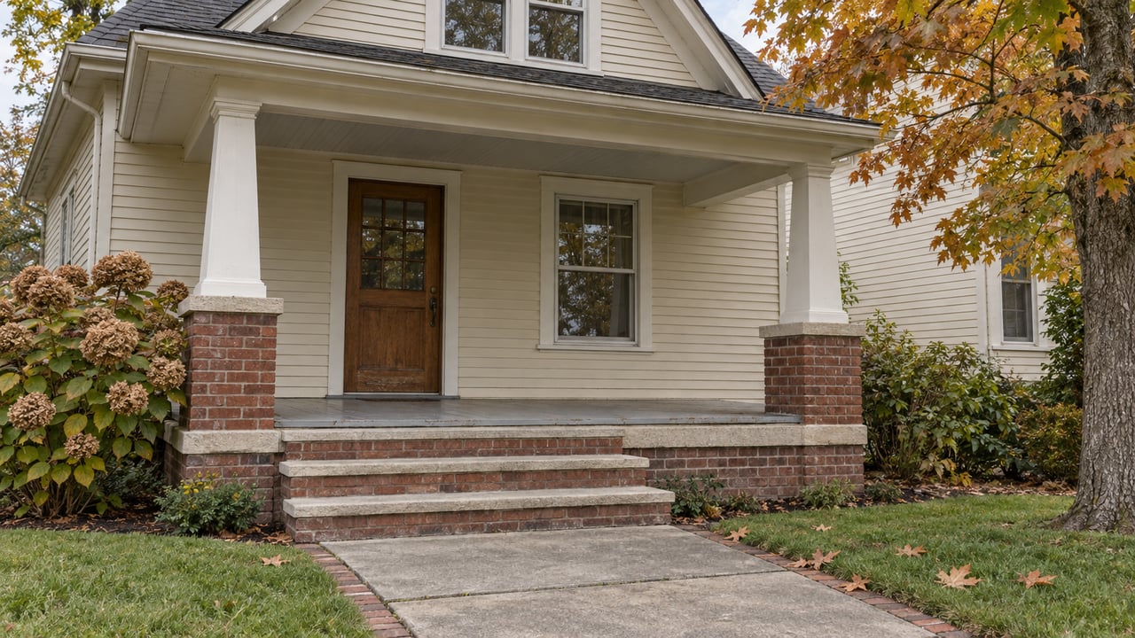 Ivory clapboard house with a covered porch, brick piers, limestone steps and an oak entry door beneath autumn maple branches.