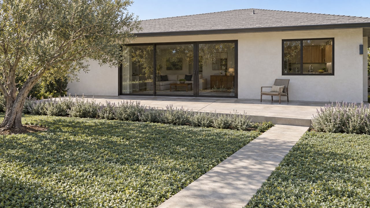 Suburban home with a raised concrete terrace, sliding glass doors, and a mature olive tree in the garden.