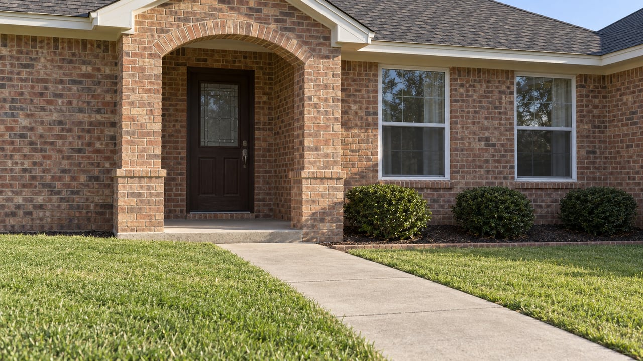 Red brick home's arched covered entrance and white-framed windows beyond a concrete walk and established lawn.