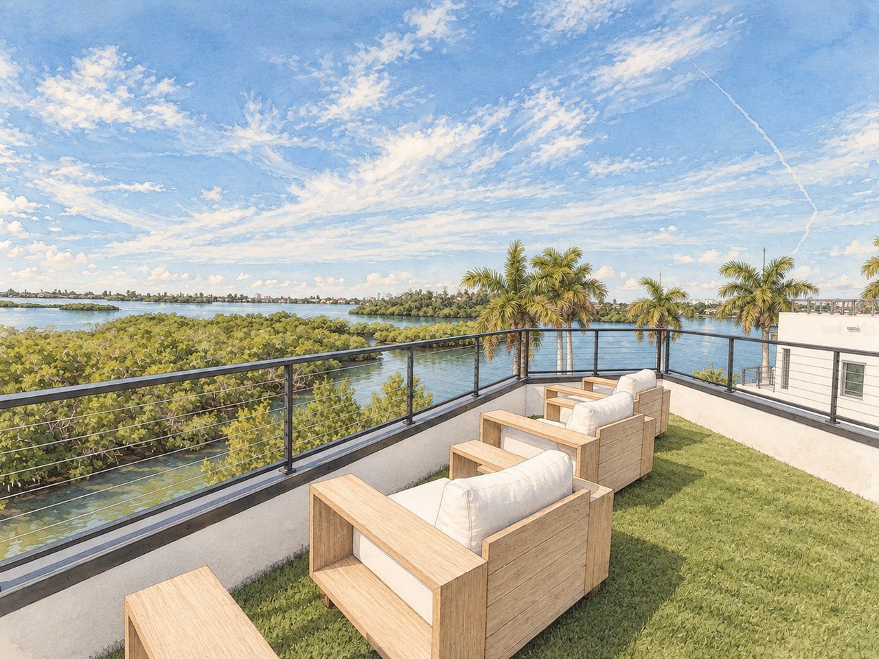 Rooftop terrace with lounge chairs overlooking palm trees and water.
