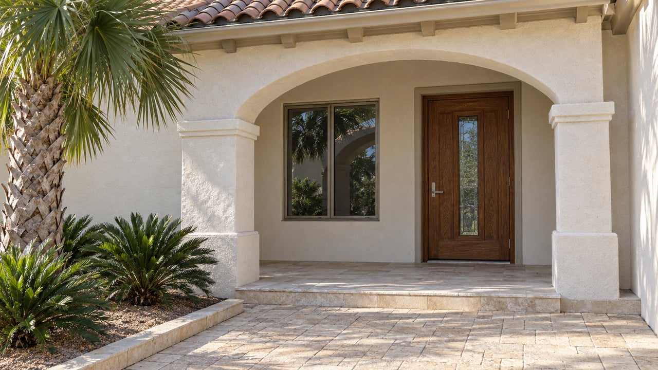 Stucco home entrance with an arched porch, dark wood door, and tropical palms.