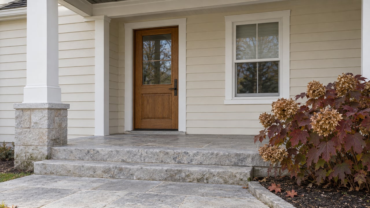Cream clapboard home entrance with an oak door, limestone steps and burgundy oakleaf hydrangea beside the walk.