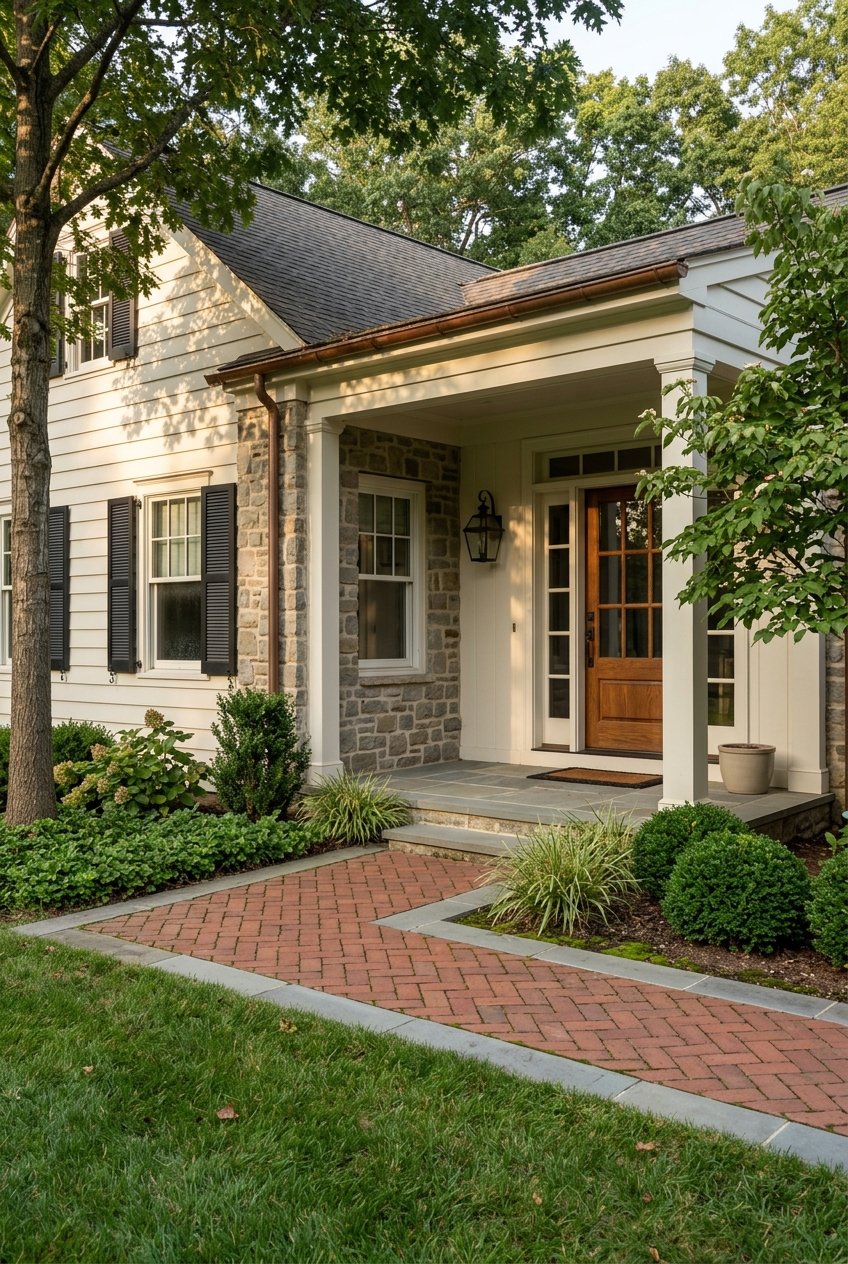 Stone-and-clapboard farmhouse with a covered porch, brick walk, broad lawn, and mature trees.