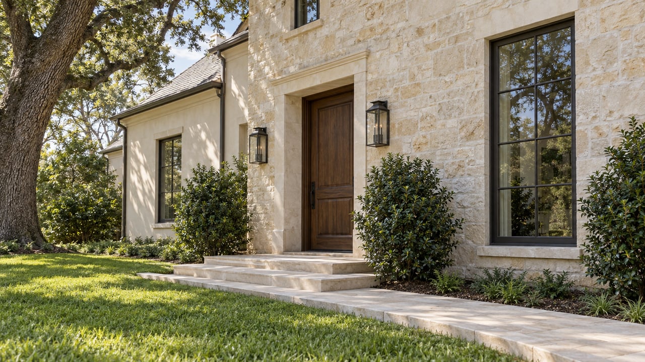 Limestone-and-stucco home entry with a timber door, divided-light window, stone steps, lawn, and live oak.