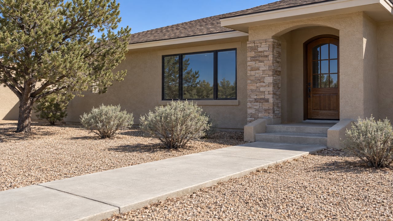 A modest single-story stucco home with a stone entry pier, arched wood door and concrete approach across a gravel yard with pinyon pine and sagebrush.
