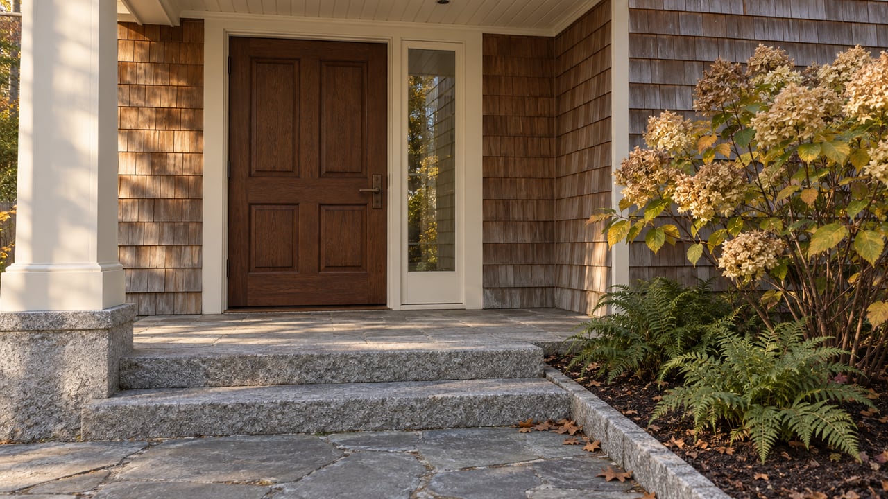Cedar-shingled home entrance with a dark oak door, granite steps and autumn hydrangea beside a stone approach.