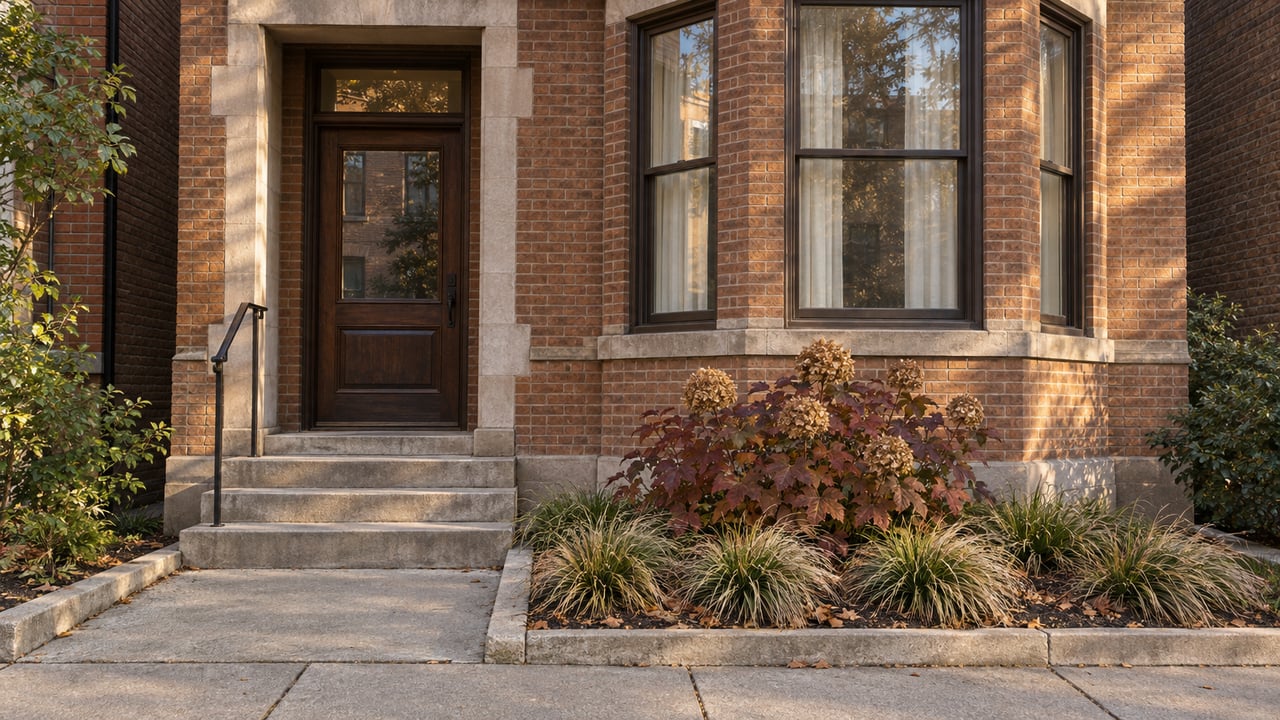 Russet brick residence with a limestone entry, bronze-framed bay windows, and burgundy oakleaf hydrangea beside a short stone approach.