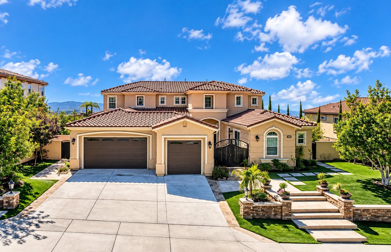 Two-story beige home with a red tile roof, three-car garage, and landscaped front yard.