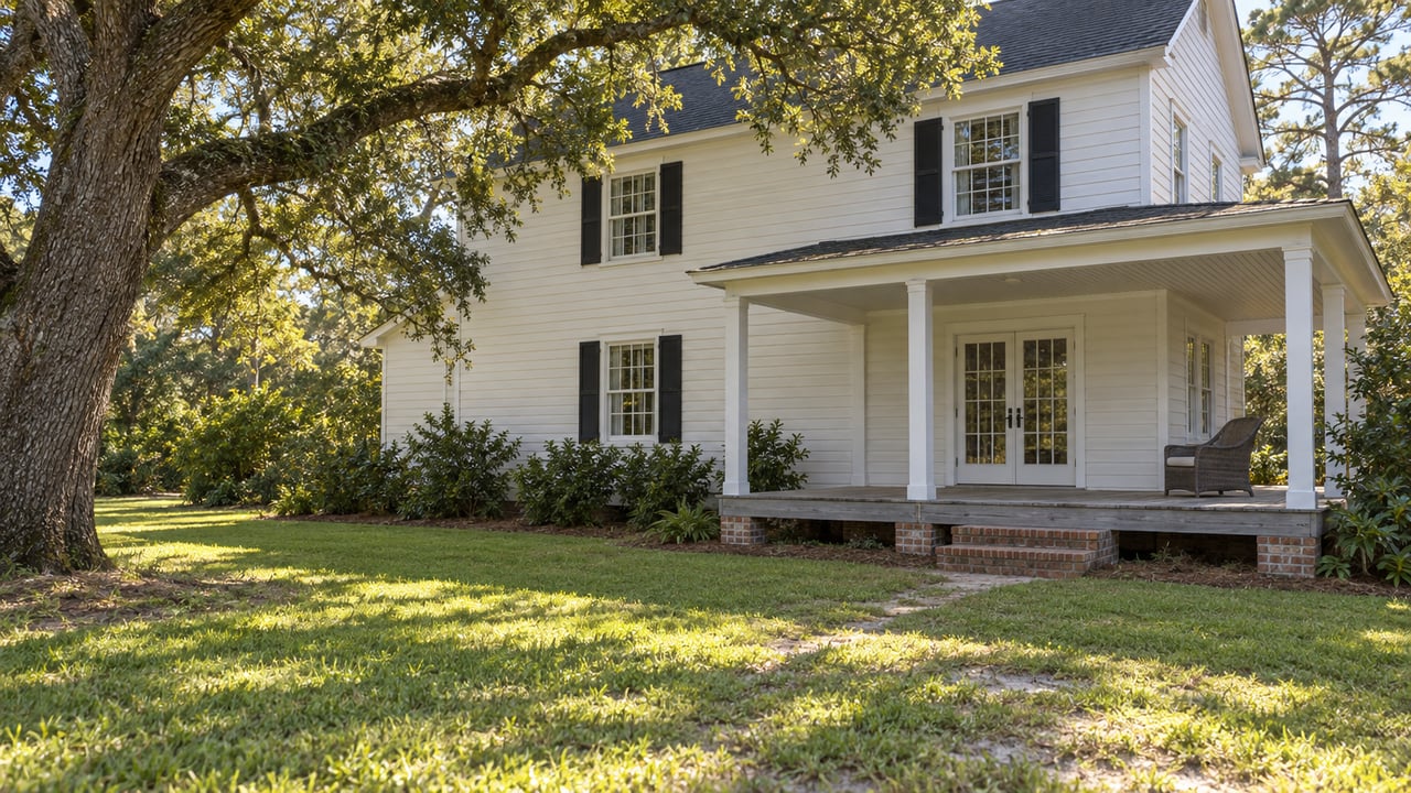 White two-story house with a covered porch, brick steps, broad lawn, and spreading oak canopy.