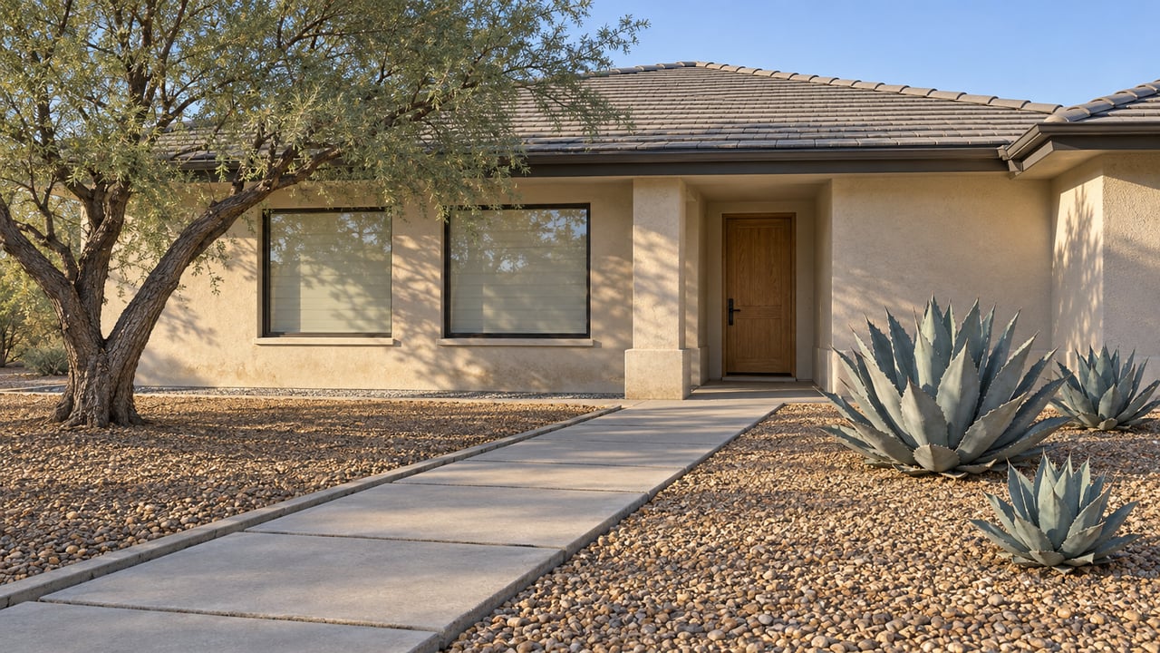 Pale stucco house with gray tile roof, recessed oak entry and a deep gravel garden planted with an ironwood tree and three agaves.