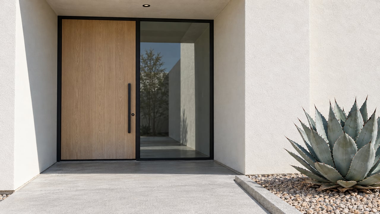 Recessed modern entry with a pale oak door, black-framed glass, cream stucco and a blue-gray agave beside a concrete landing.
