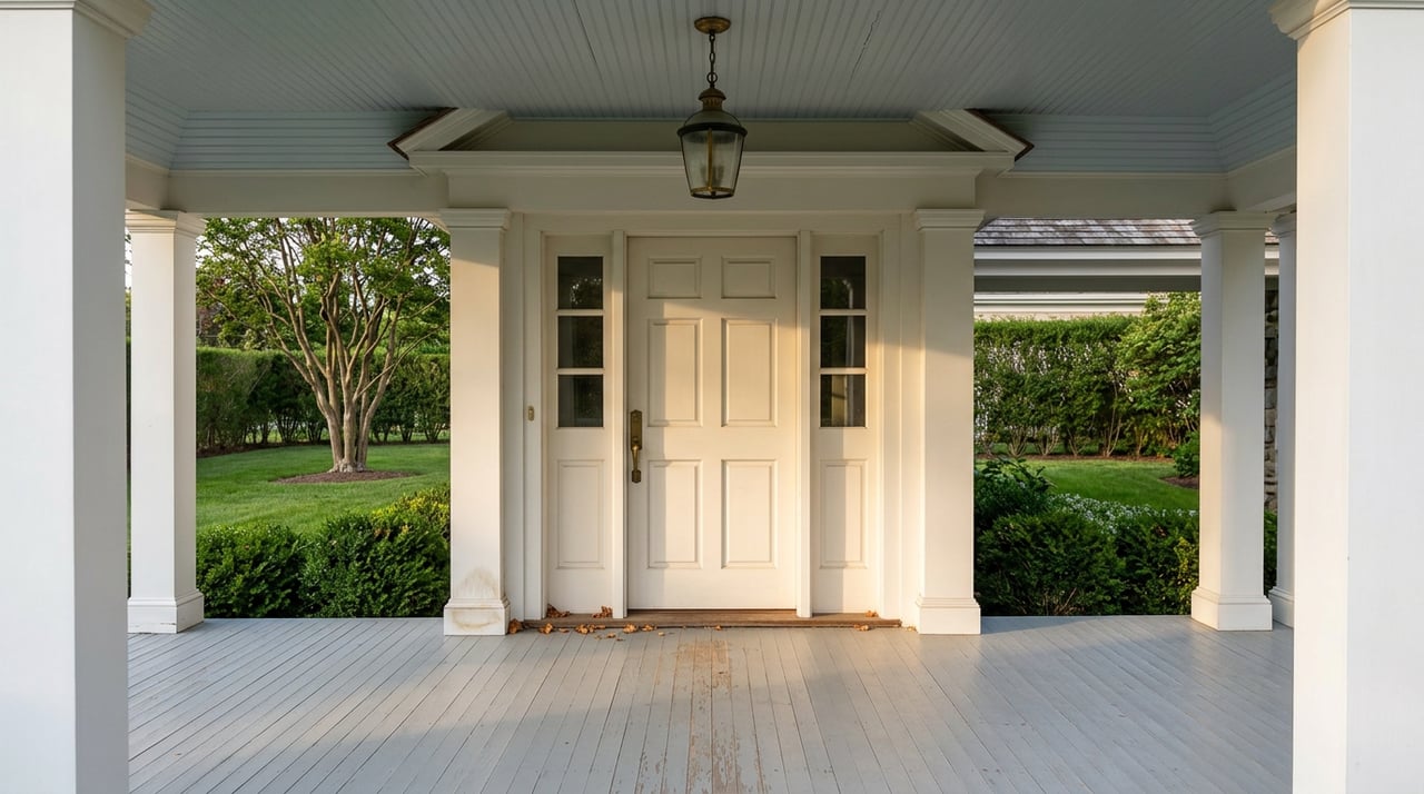 Open white six-panel entry door with divided-light sidelights, porch columns, and clipped shrubs beyond.