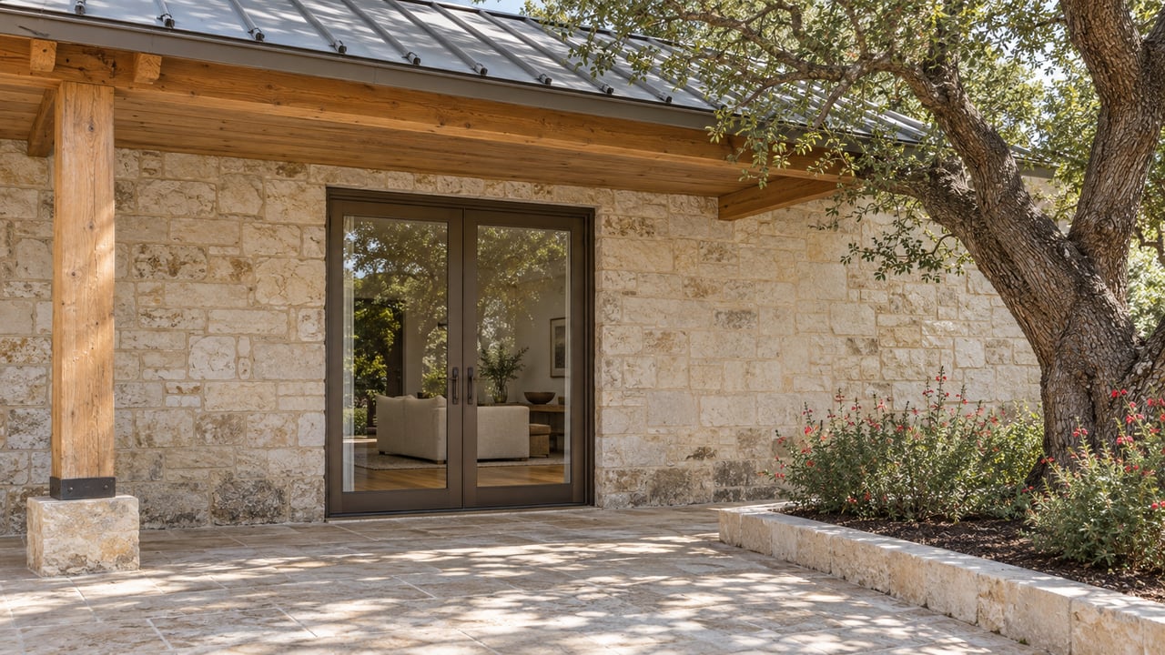 Low view of a limestone home's timber-covered rear porch, bronze-framed glass doors and terrace beside a mature oak and flowering sage.