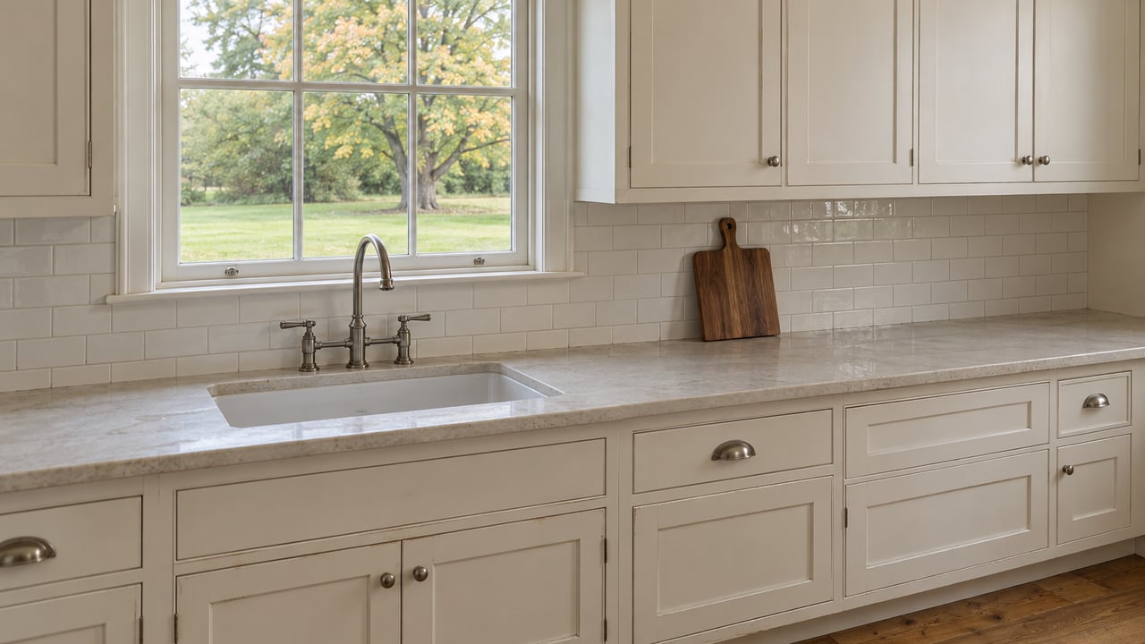 Off-white kitchen cabinets frame a sink beneath a divided-light window, with a lawn and maple tree beyond.