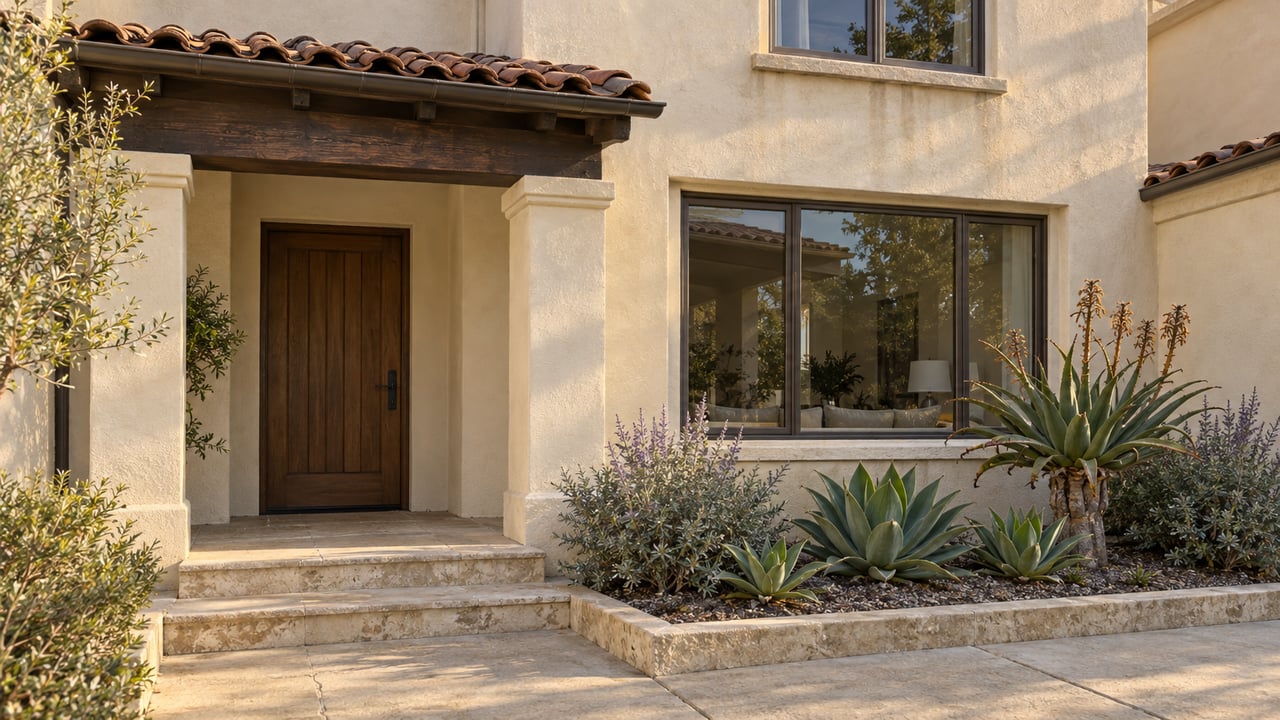 Sunlit stucco townhome entrance with a timber porch beam, clay roof tiles, pale stone steps and sculptural drought-tolerant planting.