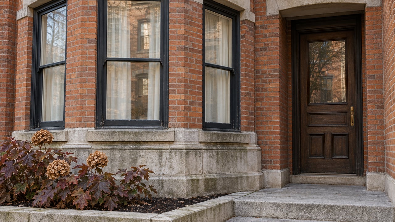 Weathered red-brick residential bay with dark timber windows, a recessed oak door and autumn oakleaf hydrangea above a limestone landing.
