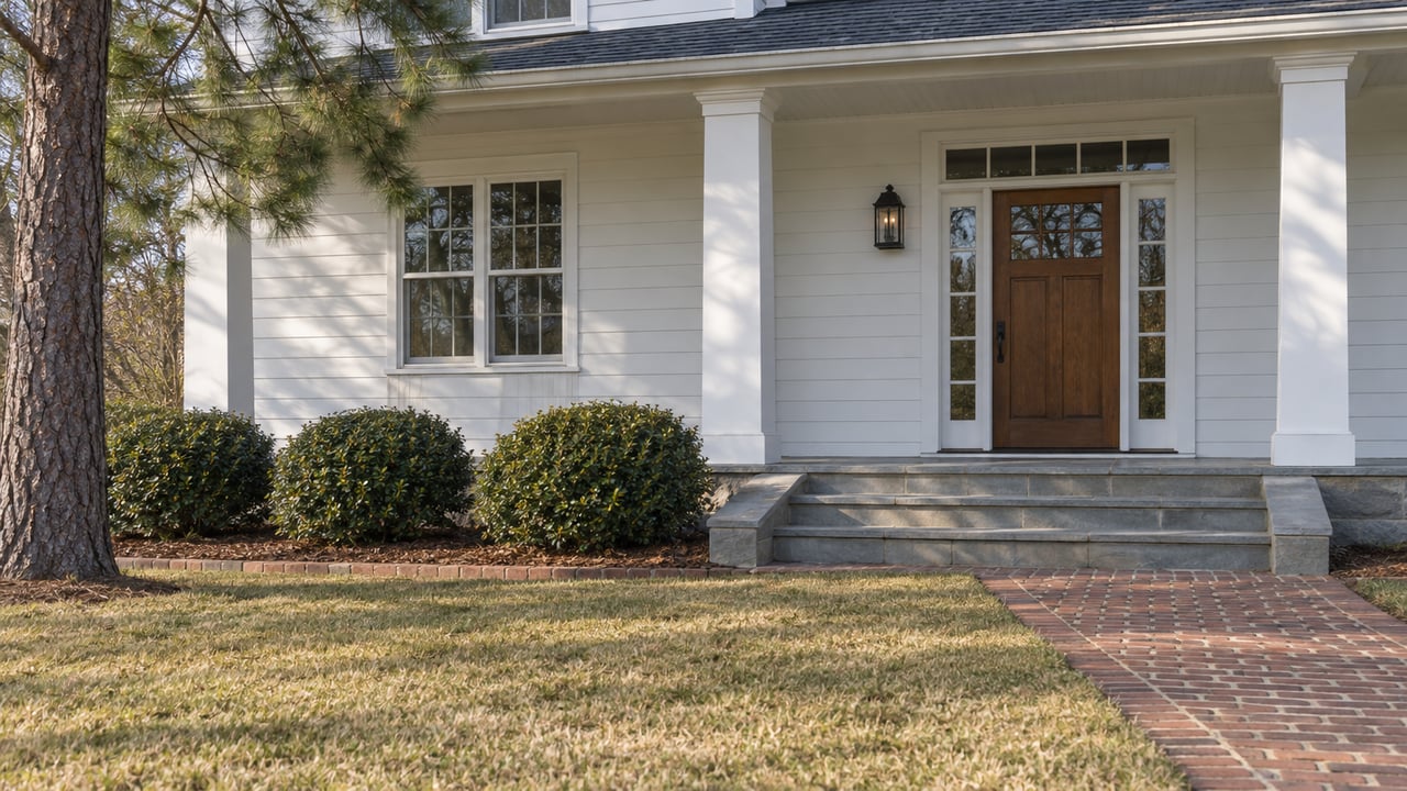 White clapboard home with a covered sandstone porch, oak entry door, brick walk and autumn lawn beside a mature longleaf pine.