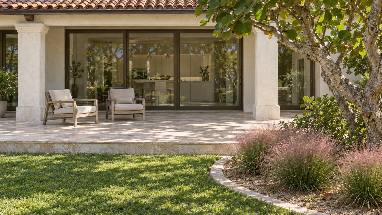Sunlit stucco home with a tiled veranda roof, bronze-framed glass doors, limestone terrace, and sea-grape garden planting.