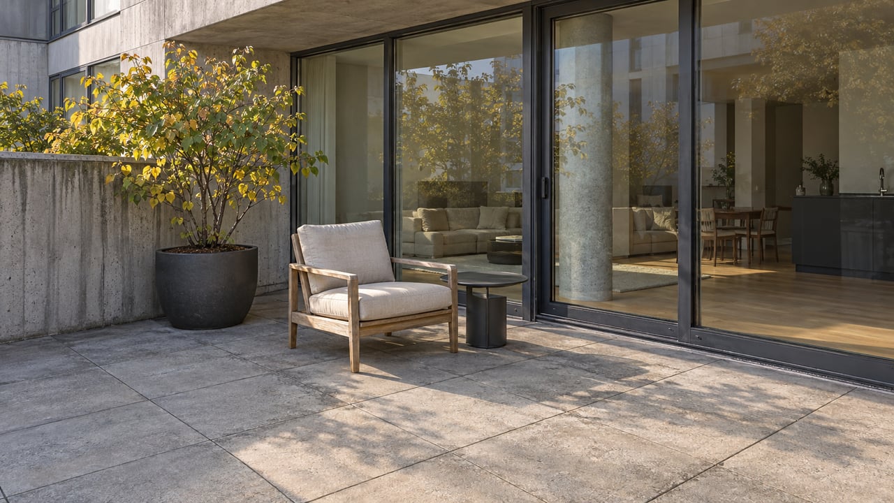 A quiet contemporary residential terrace with concrete paving, a teak lounge chair and a potted redbud beside floor-to-ceiling glass.