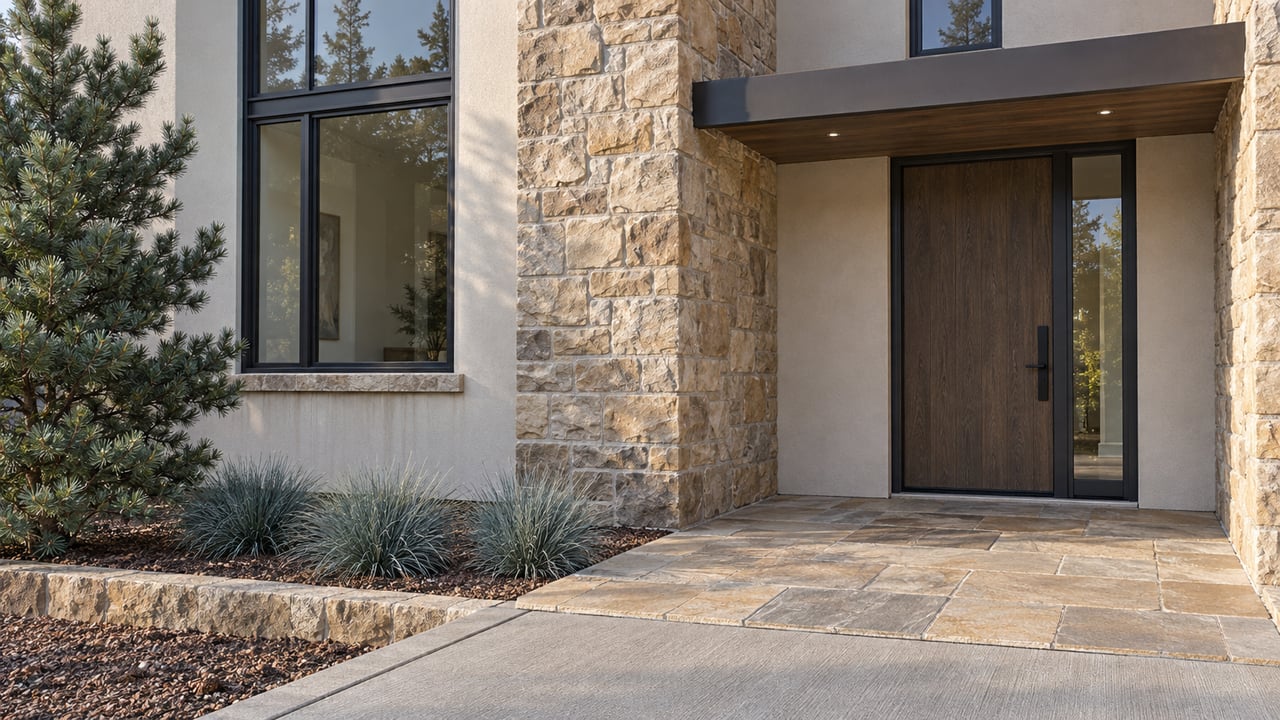 Morning light across a sandstone and cream-stucco home entrance, with dark-framed windows, an oak door, and a sculptural bristlecone pine.
