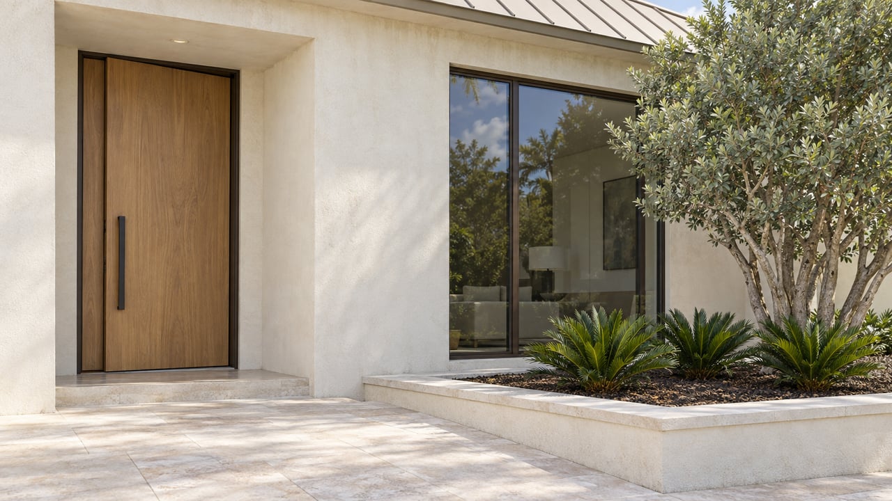 Contemporary stucco home with a timber entry door, bronze-framed window, limestone approach, and raised planter.