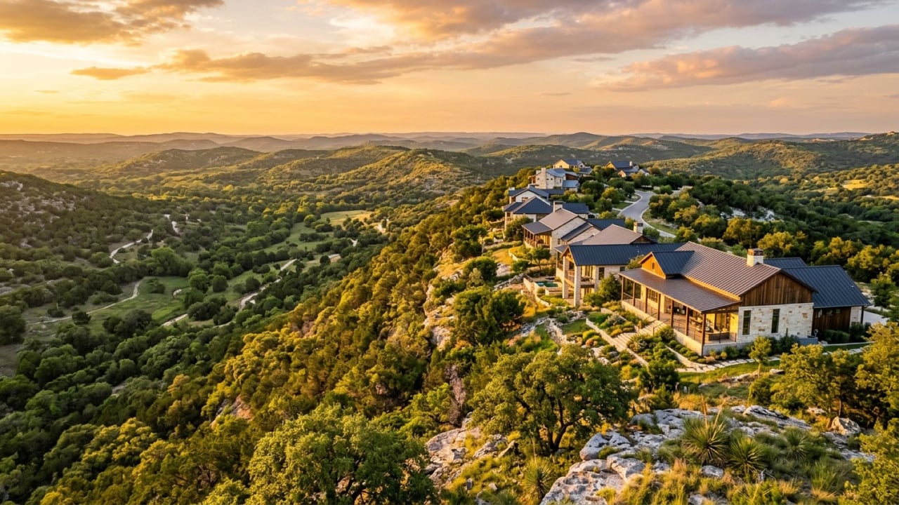 New homes on a ridge above cedar-covered limestone hills northwest of Austin at golden hour