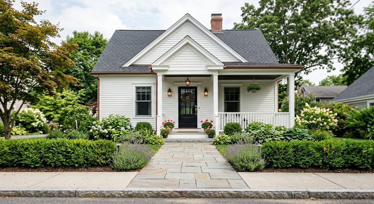 Bluestone path leads across lawn to a porch and charcoal door, with birch and hydrangeas.