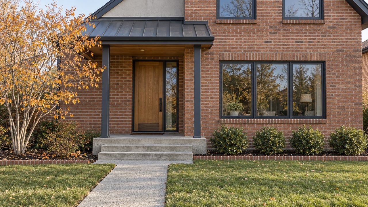 Red-brick home with a covered entry, broad concrete steps, autumn serviceberry and a deep green front lawn.