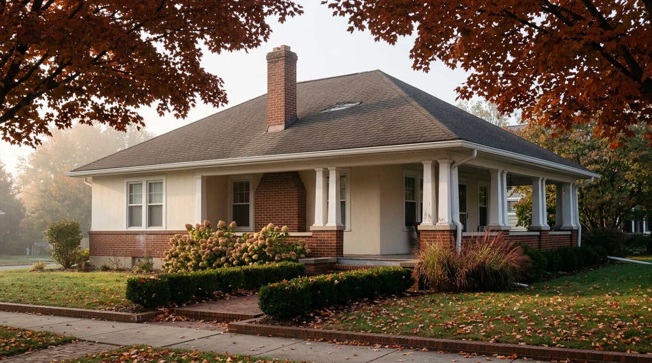Cream stucco house with brick porch, orange-red maples, and fallen leaves across a broad front lawn.