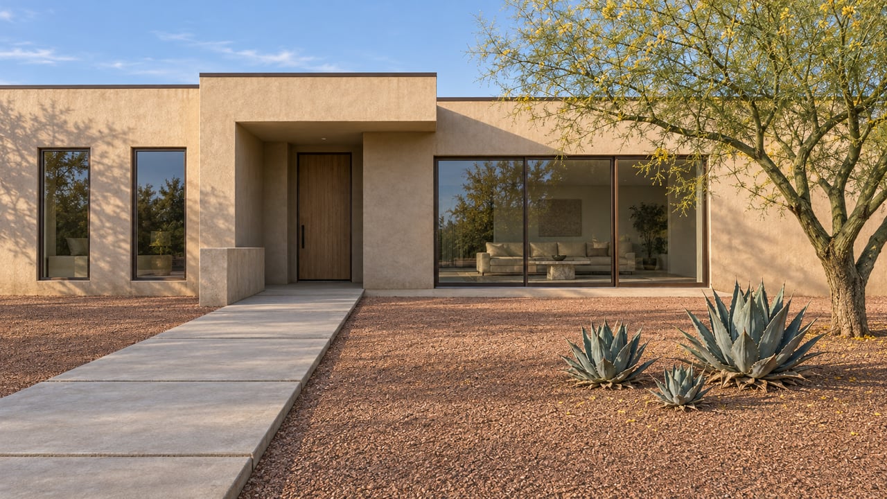 Sand-colored contemporary home with bronze-framed glazing, a shaded oak entry, and a deep gravel forecourt planted with a blue palo verde and three agaves.