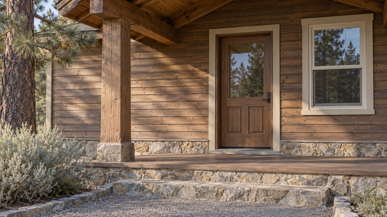 Sunlit timber porch with a glazed wood front door, cream-trimmed window, worn decking and gray-tan stone steps.