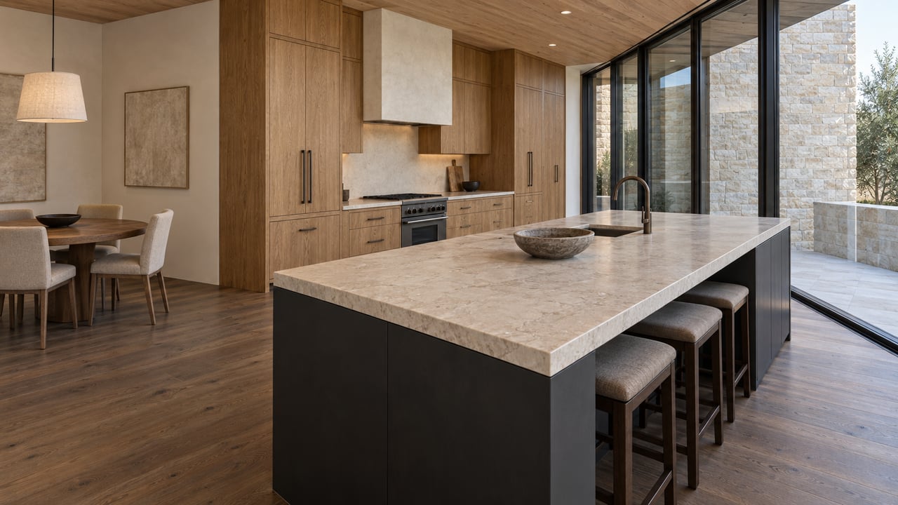 Spacious oak kitchen with limestone island, dining nook, and dark-framed glass wall opening onto a stone terrace.