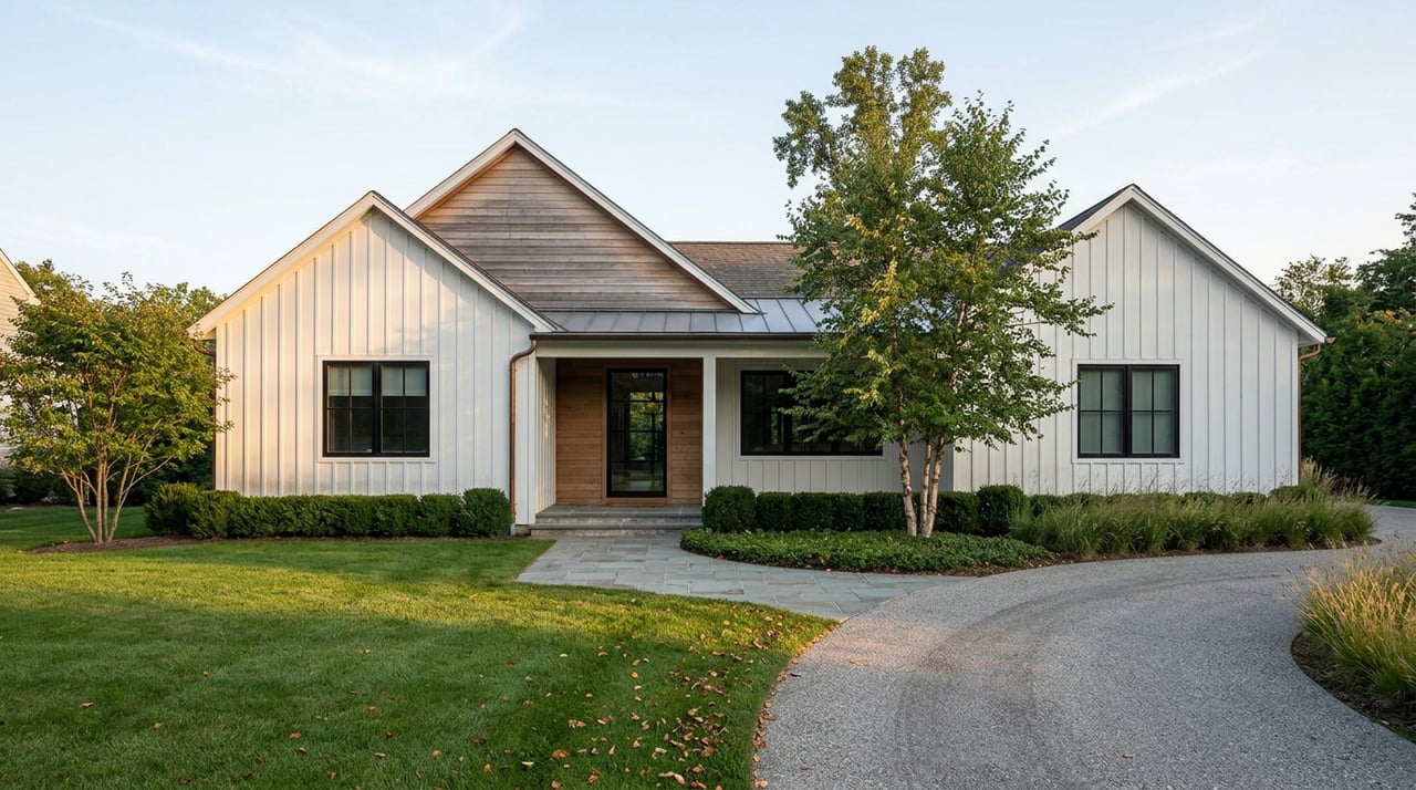 White-sided home with a wood-clad gable, black-framed windows, curving stone walkway, and broad front lawn.