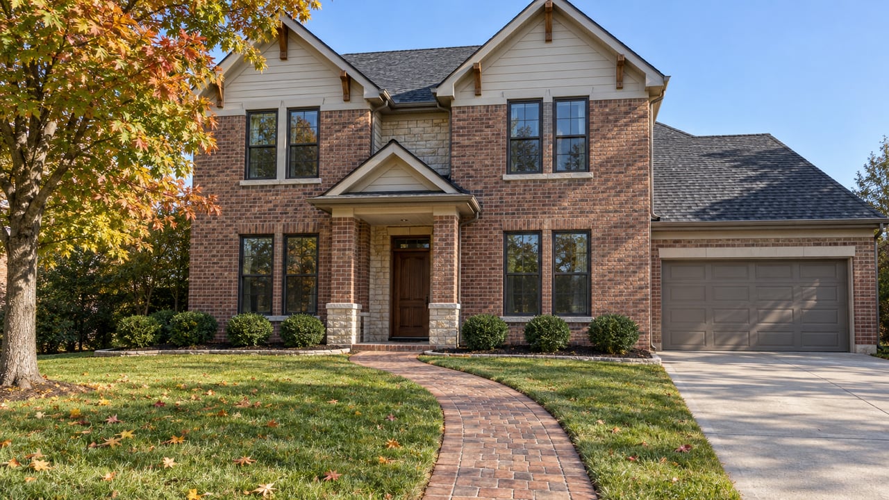 A brick and limestone home with layered gables, a deep front lawn, an autumn maple and a broad driveway in clear daylight.