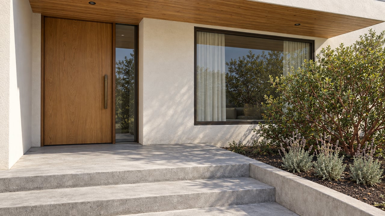 Sheltered contemporary home entrance with an oak door, bronze-framed window, concrete steps and sculptural manzanita planting.