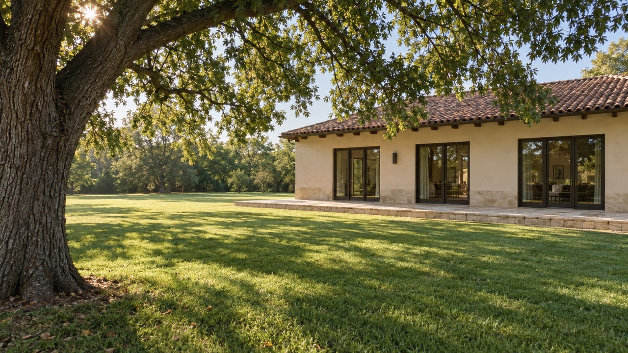 Mature pecan tree shades a deep lawn leading to a stucco home with a limestone terrace.