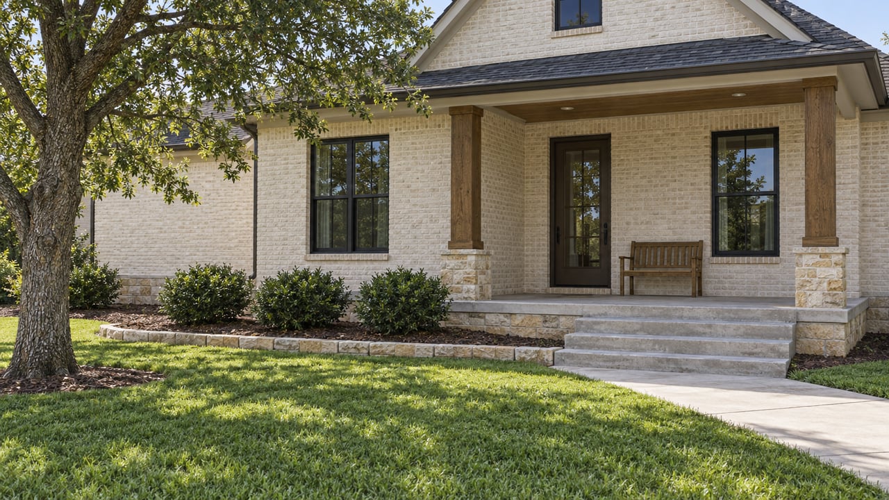 Ivory brick home with a steep dark roof, timber-post front porch, broad grass lawn and a mature oak.