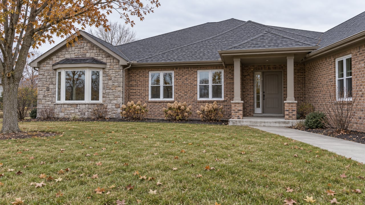 Brick ranch home with a stone-clad bay window, covered entry and deep autumn lawn beneath a sparsely leafed maple.